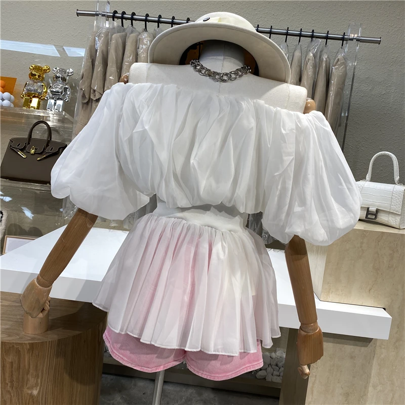 

2021One-neck Strapless Super Sweet Short-sleeved Shirt Foreign Style Age-reducing Bubble Sleeves Waist-closed Skirt Top