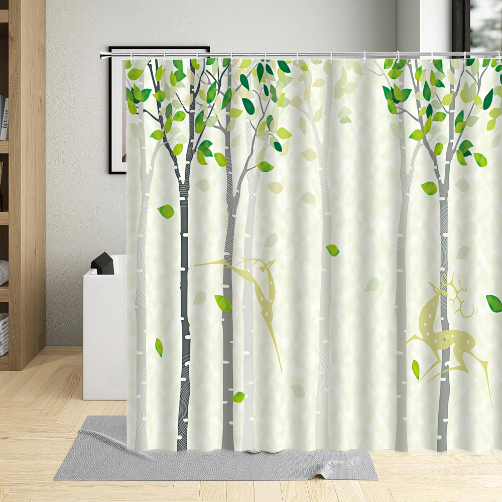 

Весенняя занавеска для душа с рисунком зеленых деревьев и растений, художественная декоративная ткань для ванной и ванной комнаты, водонеп...