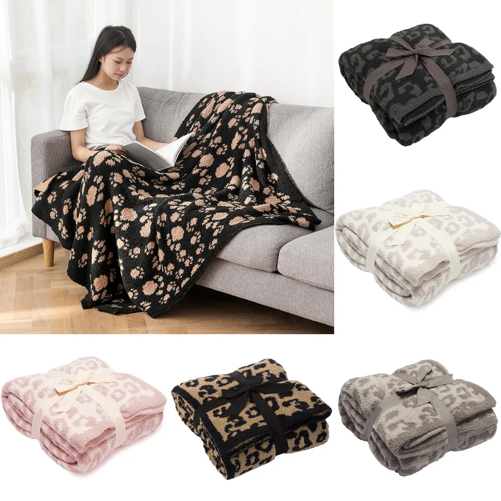 Manta de punto con huella de leopardo para cama, colcha c&aacute;lida de invierno, de lujo, descalzo, de Navidad-0