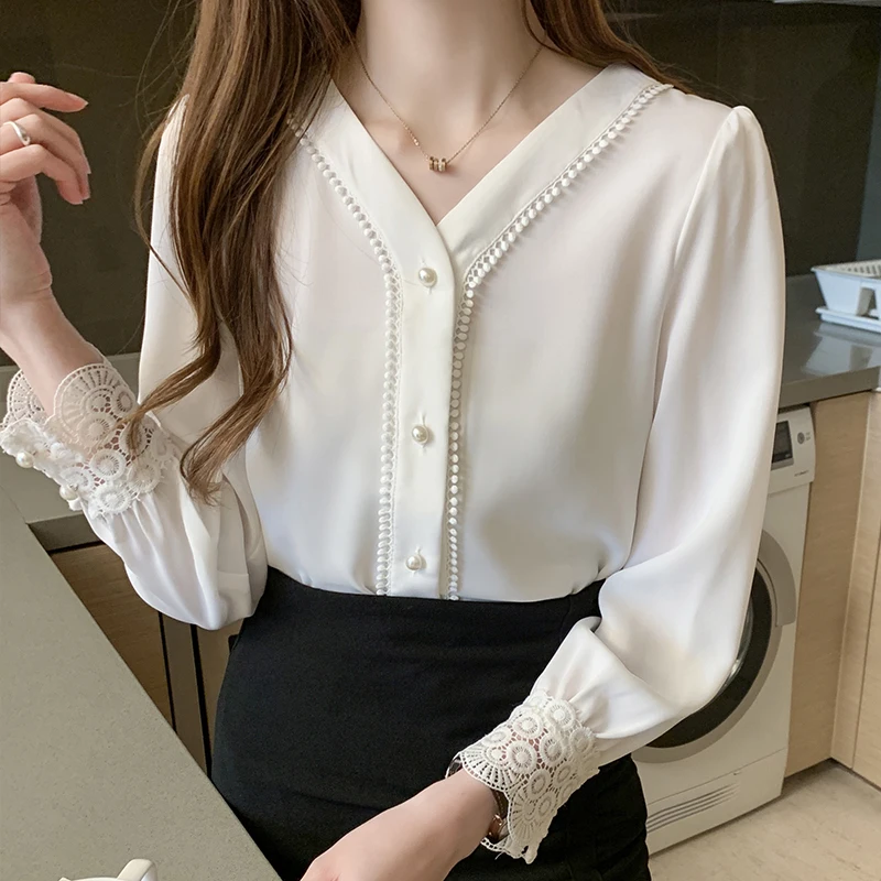 #2058 в Корейском стиле Стиль белые шифоновые блузки для женщин с v образным вырезом