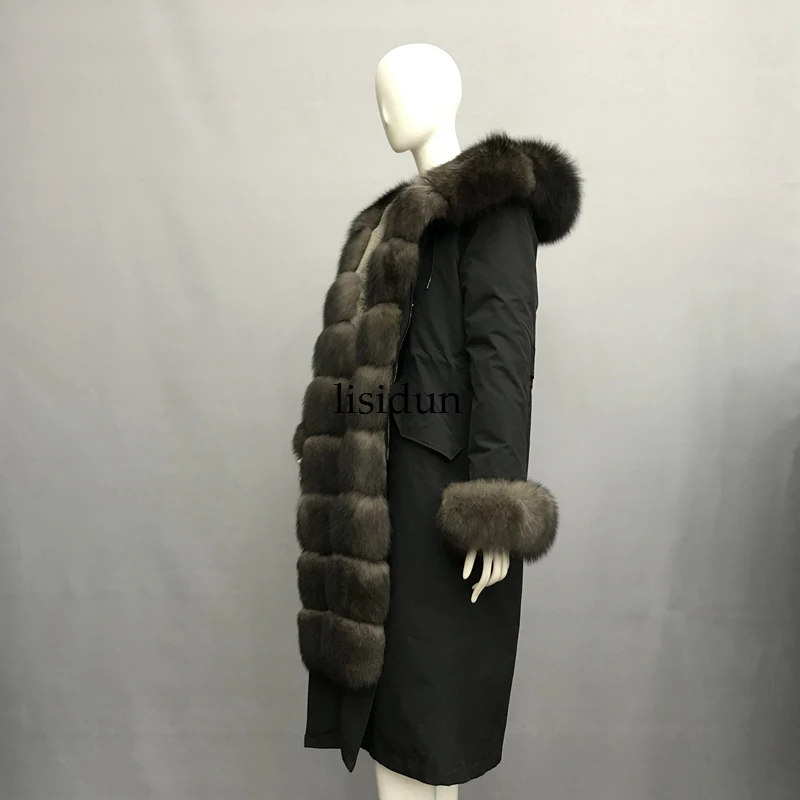 Женская парка на кроличьем меху LISIDUN серебристая куртка с капюшоном и подкладкой