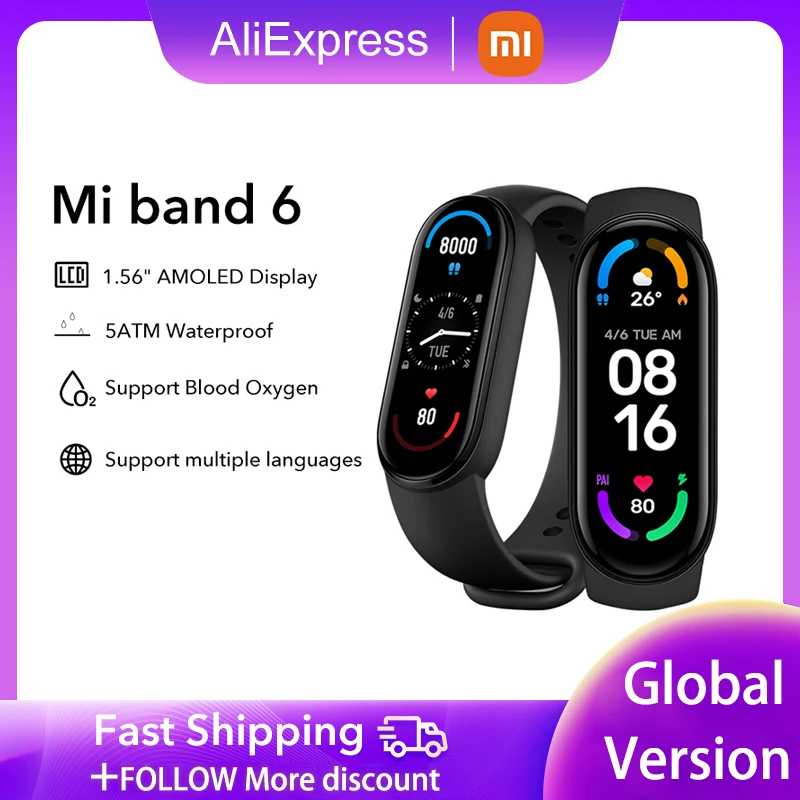 

Xiaomi Mi Band 6 Smart Band Global version Colorful Screen 5 Color Blood Oxygen Fitness Traker Heart Rate Bluetooth Smart Bracel