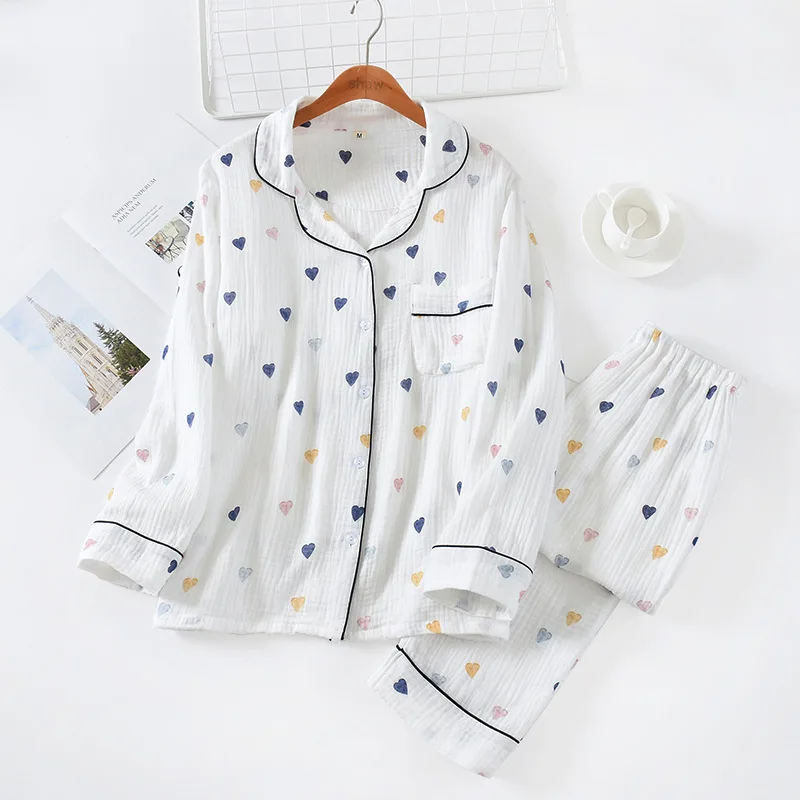 

100% Cotton Women's Pajama Set Long Sleeve Trousers Casual Sleepwear Button Down Gauze Heart Printed Pyjamas 2 Piece Lounge Sets