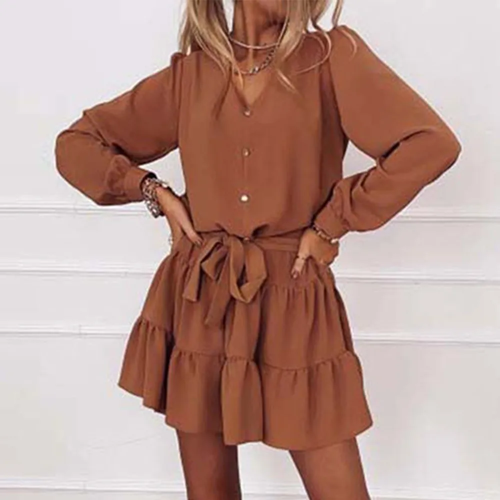 

Dress Item Description:Women Fall Ruffle Party Short Dress Casual Loose Mini Dress With Belt V Neck Long Sleeve
