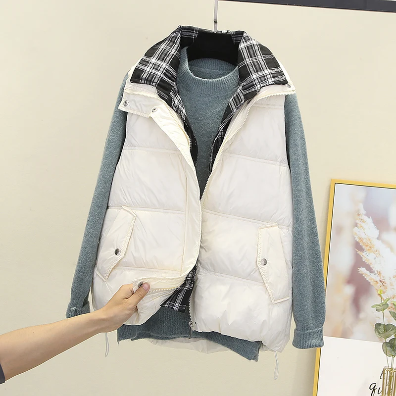 

Модный женский жилет из искусственной кожи из двух частей, клетчатые теплые парки без рукавов в стиле пэчворк, хлопковые куртки, новинка, же...