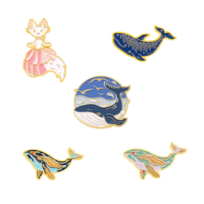 

Whale Fox Enamel Pin Dreamy Humpback Whale Brooches Cat Mermaid Aniaml Art Metal Badges Bag Clothes Pins Up Jewelry Gifts