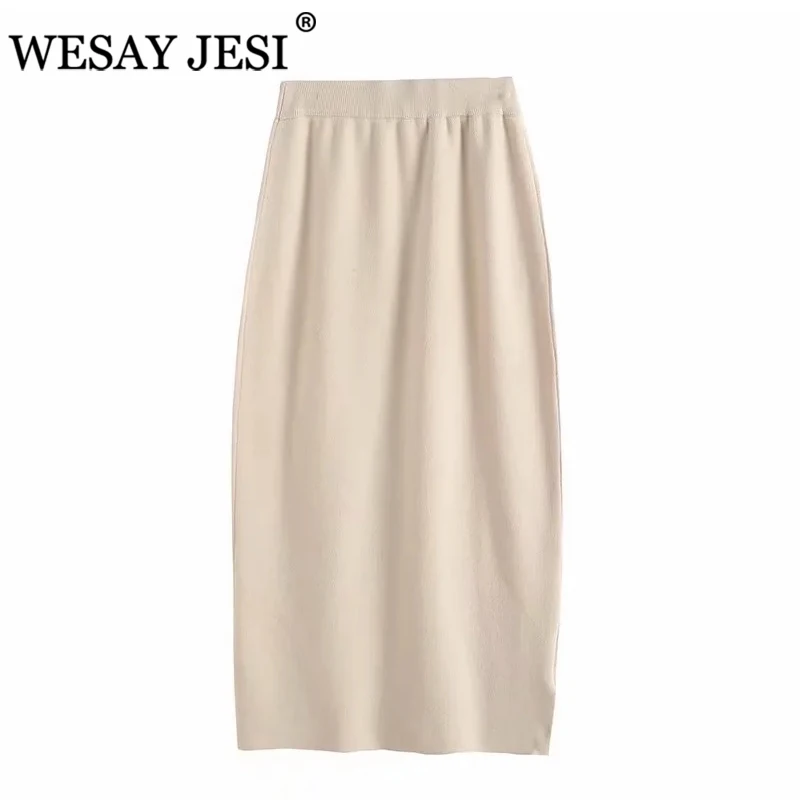 

WESAY JESI Skirt TRAF ZA Spring Autumn Long Fashion Woman Knit Elegant Elastic Waist High-Waisted Midi Long Skirt Female 2021