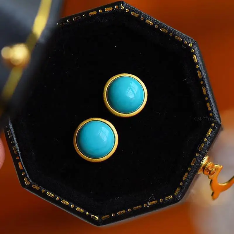 

Round Ding Ancient Gold Craft American Sleeping Beauty Turquoise Stud Earrings S925 Sterling Silver Gilding Circular Earrings