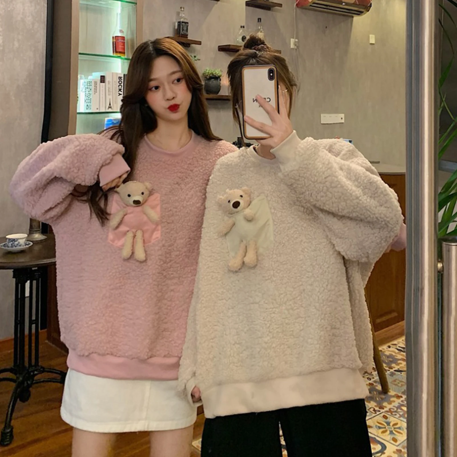 

Women Autumn Winter Long Sleeve Faux Fleece Sweatshirt Cute Bear Blouse Pullover Sweatshirt Cute Bear Blouse Pullover