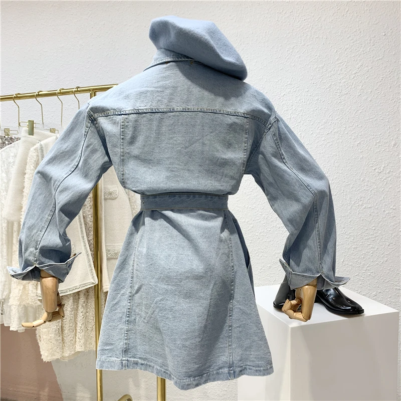 Женская уличная куртка с ремнем Весенняя Свободная джинсовая на шнурках в стиле