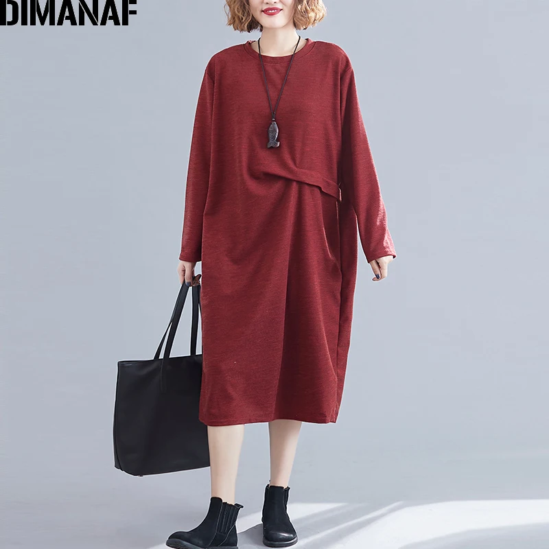 DIMANAF женское платье большого размера осеннее с длинным рукавом со складками