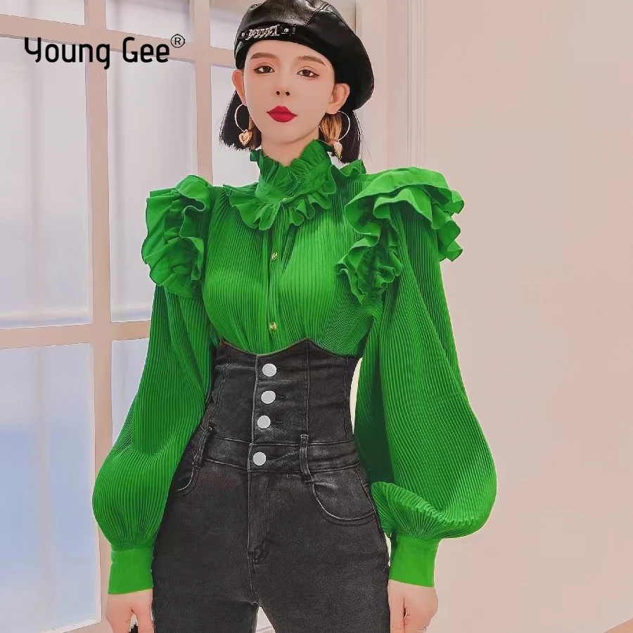 

Young Gee Autumn Fashion Green Ruffles Shirt Vintage Blouse Women White Design Long Sleeve Luxury Ruched Chiffon blusa feminina