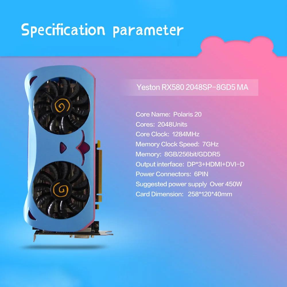 Yeston Radeon RX 580 2048SP 8G D5 MA графическая карта, видеокарта 8 Гб 256bit GDDR5 1284 МГц игровой настольный компьютер для DVI/HDMI PCI-E X16 3,0