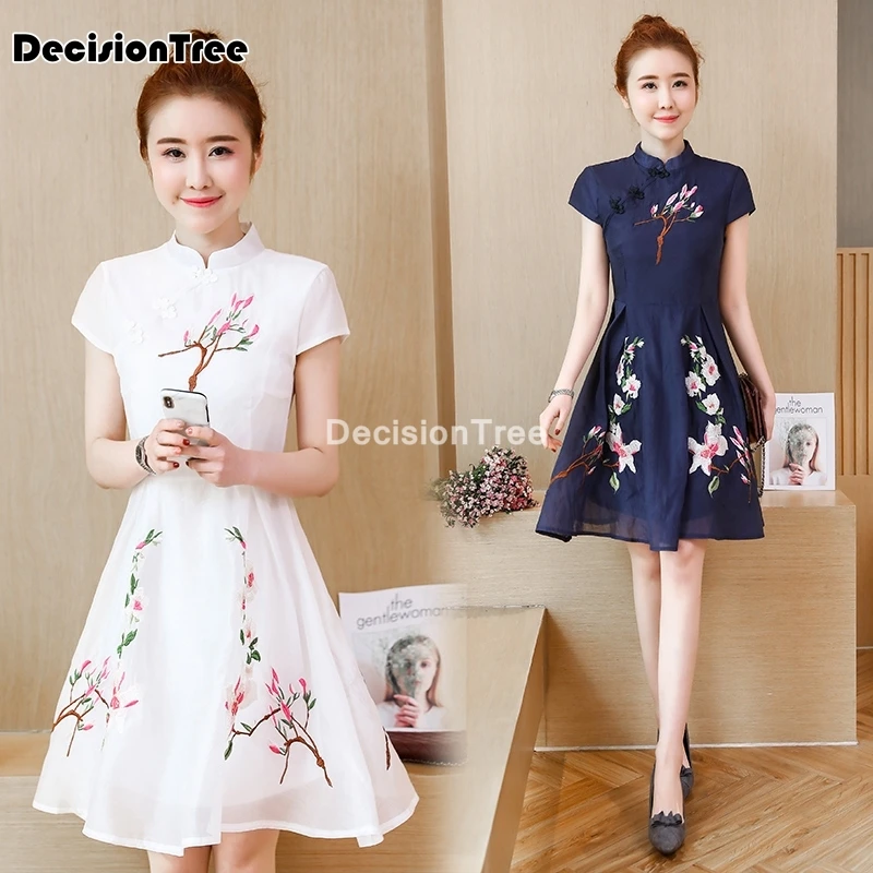 2021 китайское платье с коротким рукавом восточное Ципао цветочной вышивкой