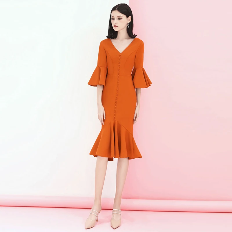 

Женское коктейльное платье с оборками и коротким рукавом, элегантное сексуальное платье с v-образным вырезом для ночного клуба, оранжевое п...