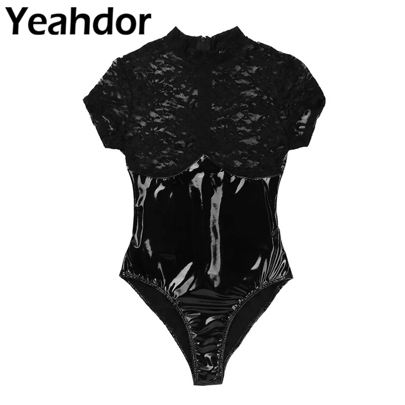 Сексуальный женский цельный топ с кружевными вставками Wetlook из искусственной