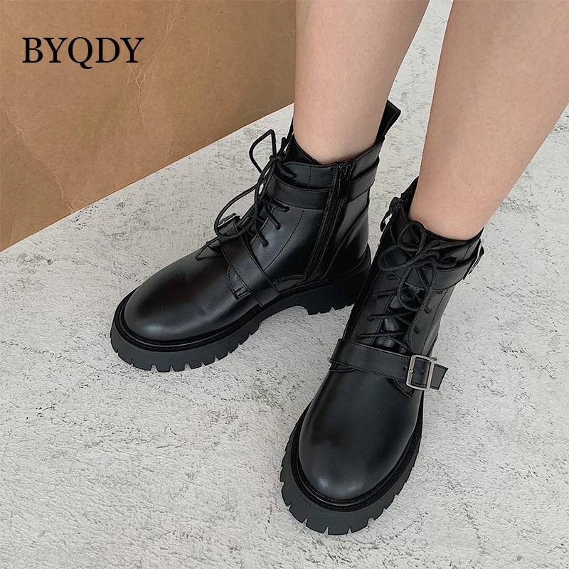 

BYQDY Platform Black Goth Ankle Boots For Woman Buckle Strap Lace up Chunky Heel Ladies Shoes Round Toes Thick Buttom Footwear
