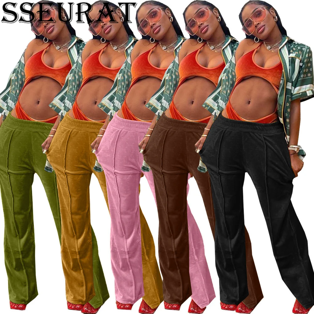 

SSEURAT Women Velvet High Waist Straight Jogger Pants Streetwear Fashion Sweatpants Classic Trousers