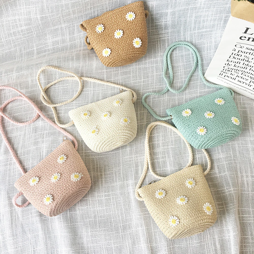 

New Summer Kids Baby Princess Shoulder Messenger Candy Bag Girls Mini Cash Bag Beautiful Flower Woven Bag Small Toddler Wallet
