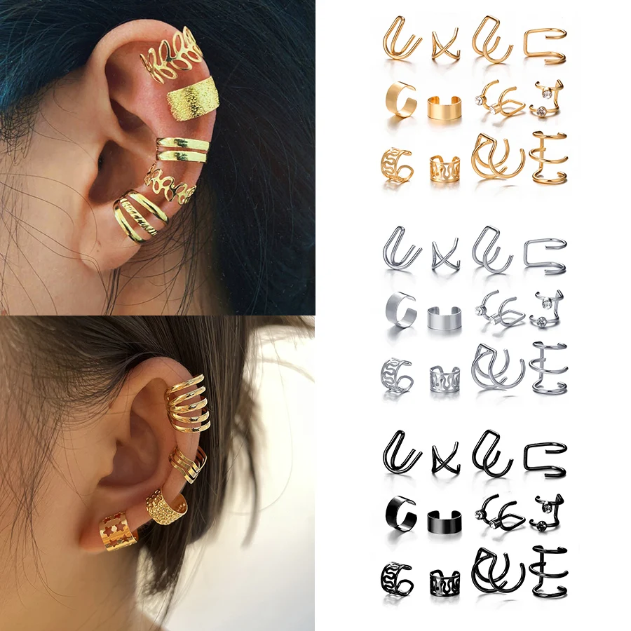 

Trendy Gold Color Clips On Earrings Set For Women Punk No Piercing Crystal Leaves Fake Cartilage Ear Cuff Fashion Party Jewelry