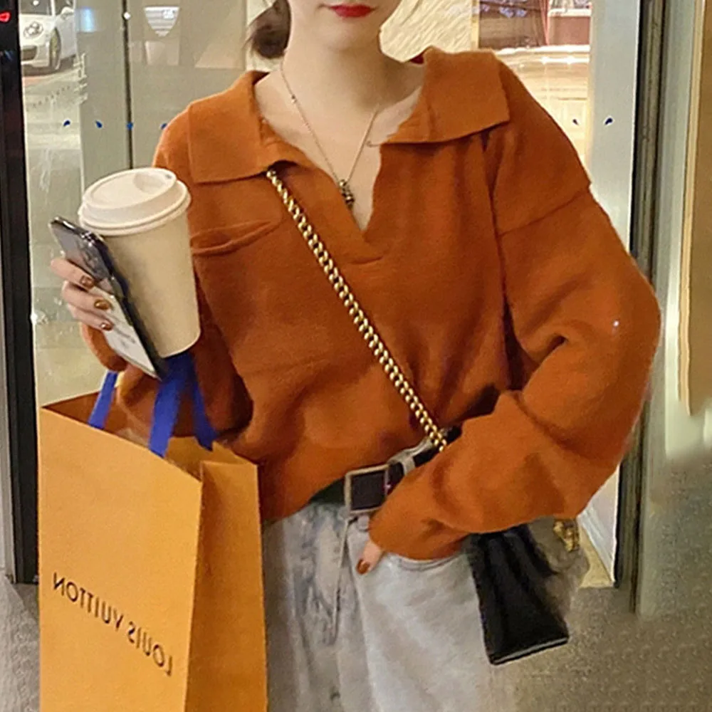 

Fashion V-neck Knitted Pullover Autumn Winter Clothes Korean Loose Thick Short Sweater Women Pockets Orange Chic Sweaters New