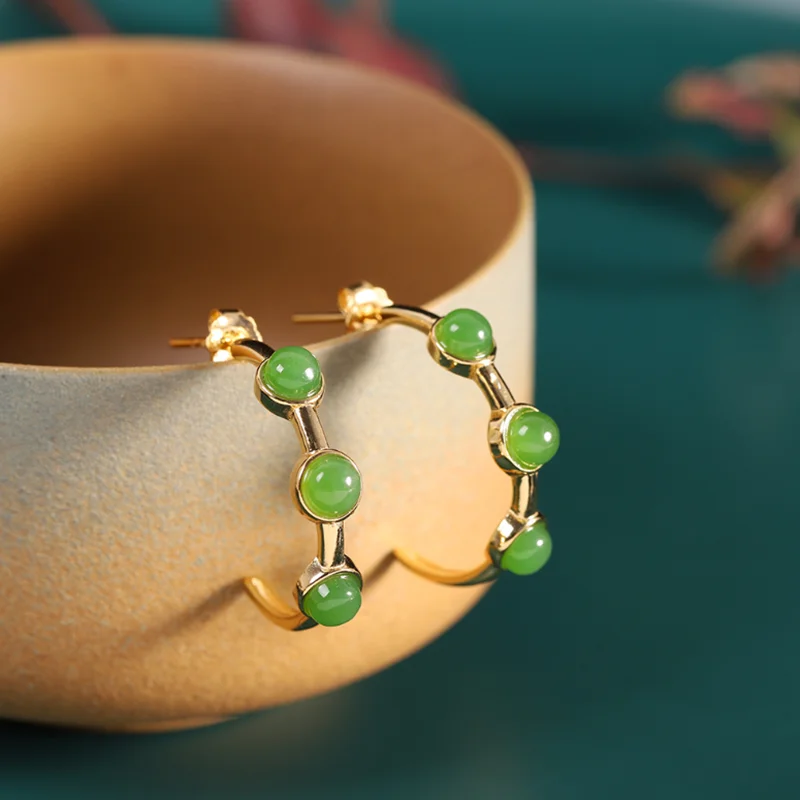 

S925 Silver Gold-Plated Semicircle Jasper Stud Trendy Earrings Women Hetian Jade Simple Geometric Fine Jewelry