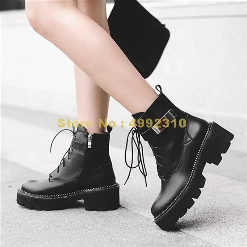 

Female Genuine Leather Boots Platform Thick Heels Cross Motorcycle Ankle Boots Women Buckle Shoes