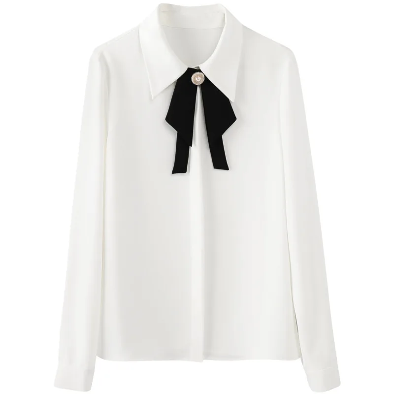 

Autumn winter 2020 new style temperament contrast color bowknot single breasted top design plush thickened women blouses shirt