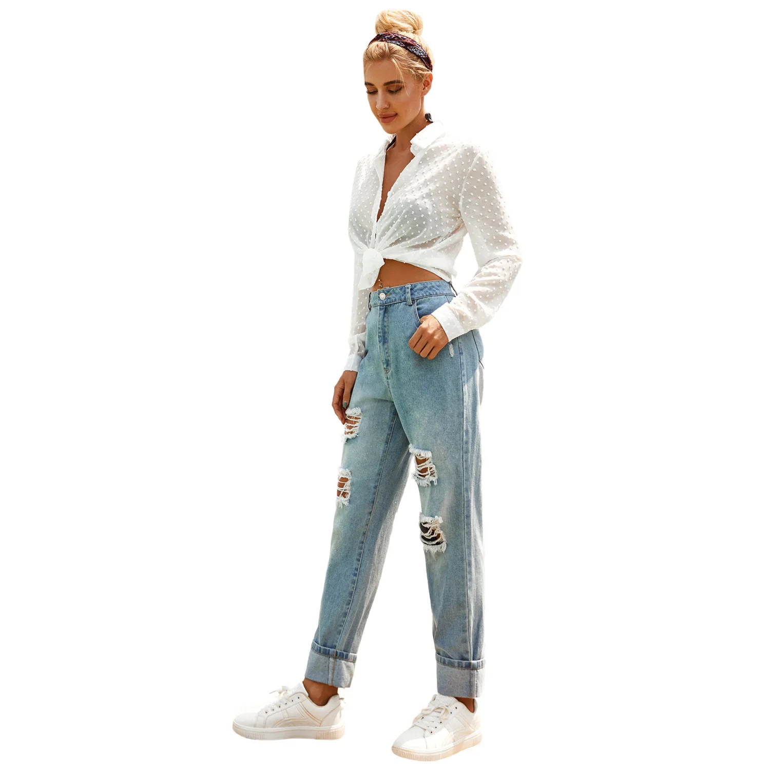 Sexy Ripped Hole Jeans Spring Women Retro Loose Washed High Waist Jeans Female Fashion Pockets Zipper Straight Jeans