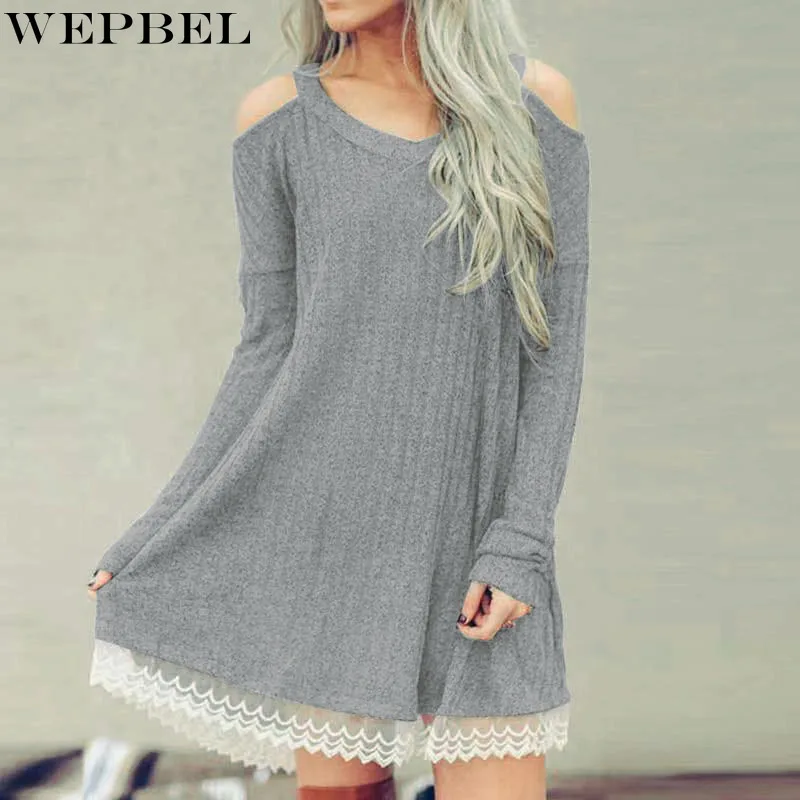 

WEPBEL Dress Women's Sexy Solid Color Lace Stitching Loose Dress Spring Summer Long Sleeve V-neck Off-Shoulder Loose Dress