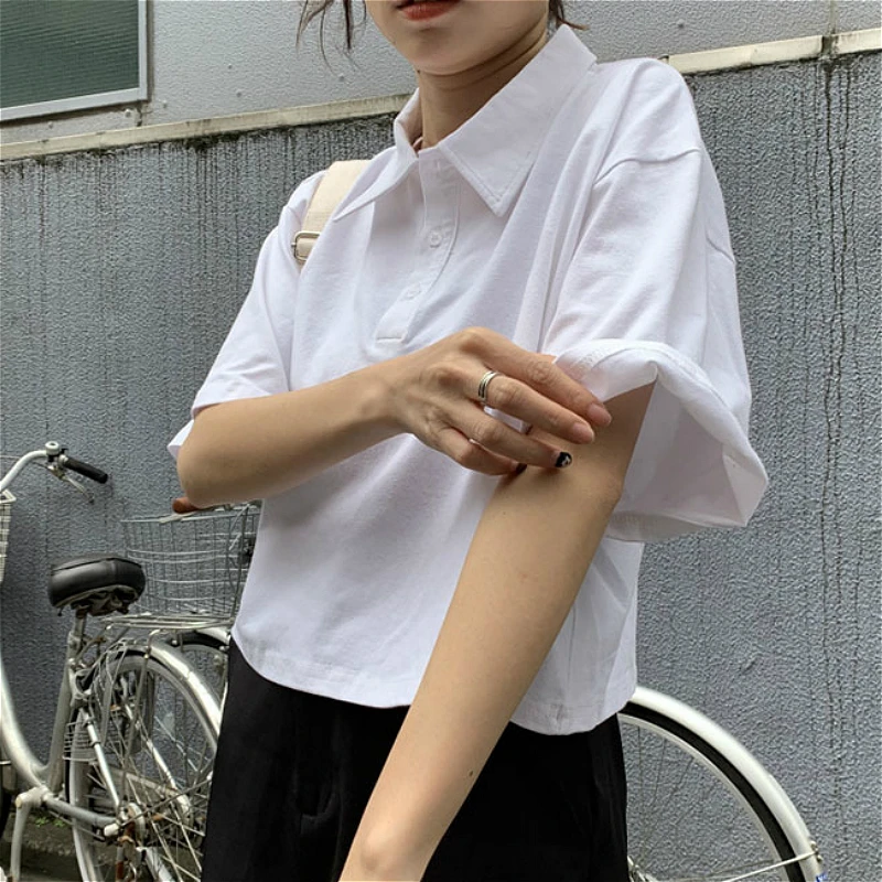 T-shirts Women Japanese Style Solid Cotton Summer All-match Preppy Girls Black Crop Top Chic Button Kawaii Street Ladies T Shirt | Женская