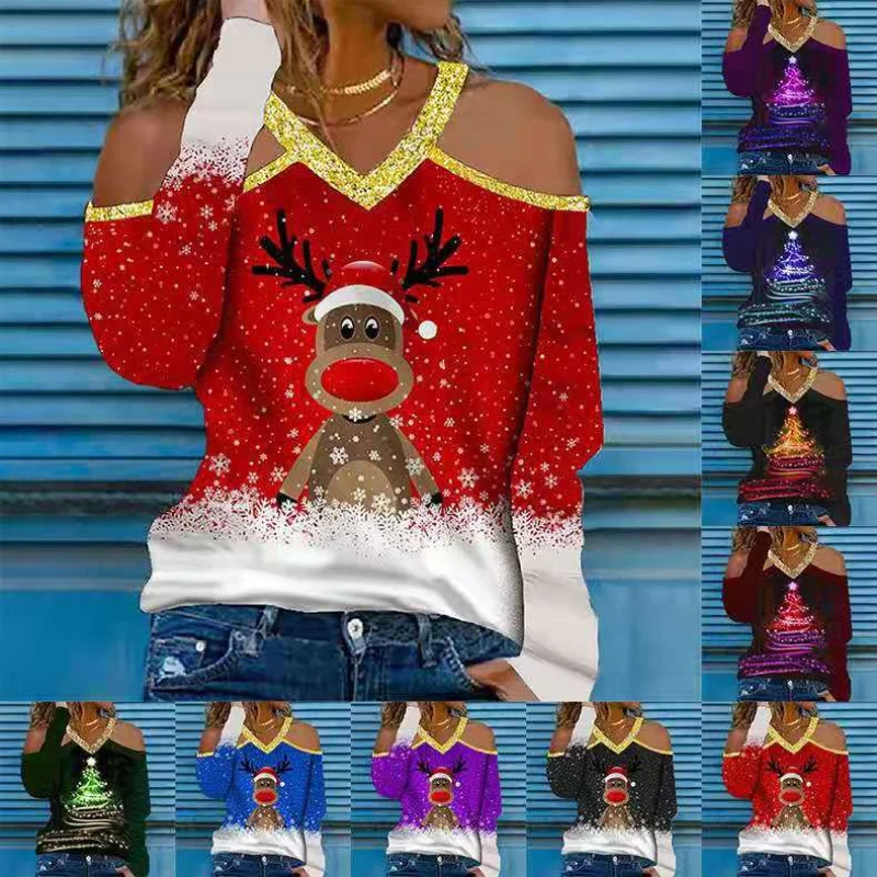 

9 Styles Christmas Cartoon Printing Hoodies Fashion V-Neck Spring Autumn Girl Woman Loose Long Sleeve Sexy Tops Plue Size Hot