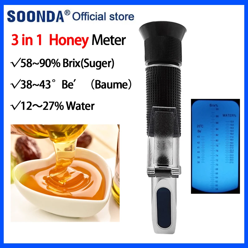 3 в 1 рефрактометр для мёда 58 ~ 90% по шкале Брикса метр тестер 38 43 ° Be'Honey Бом Тестер