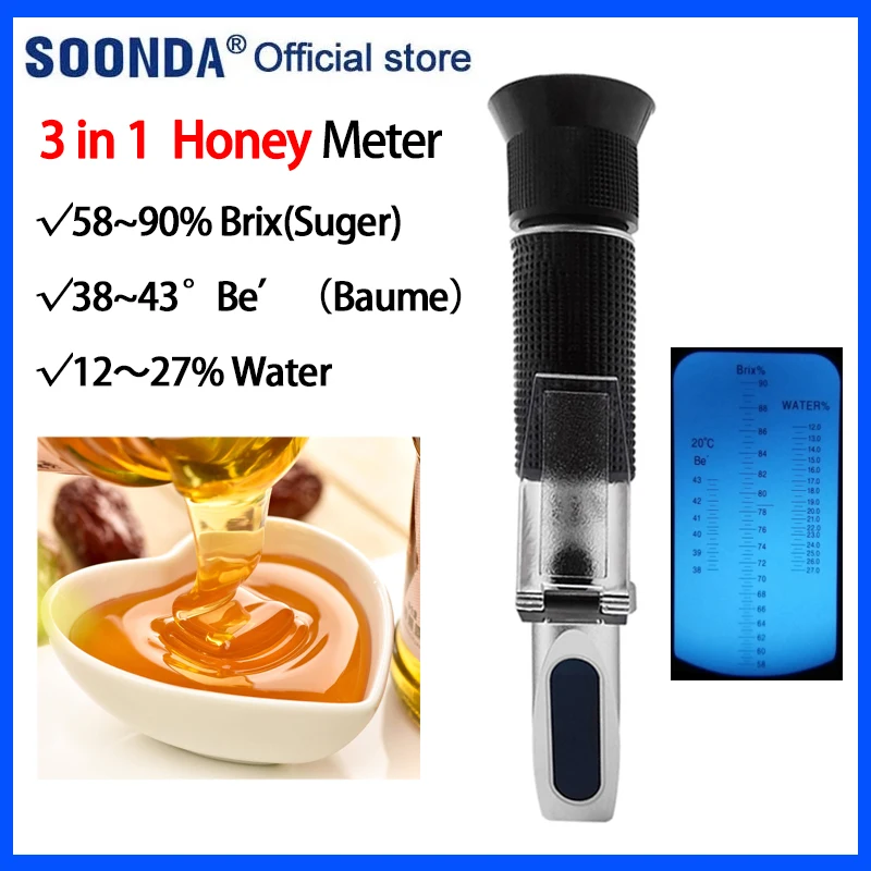 Medidor de Água Detector de Qualidade do Mel 3 em 1 Refratômetro Brix Medidor Tester 3843 Be’honey Baume 12-27% Mel 5890% °