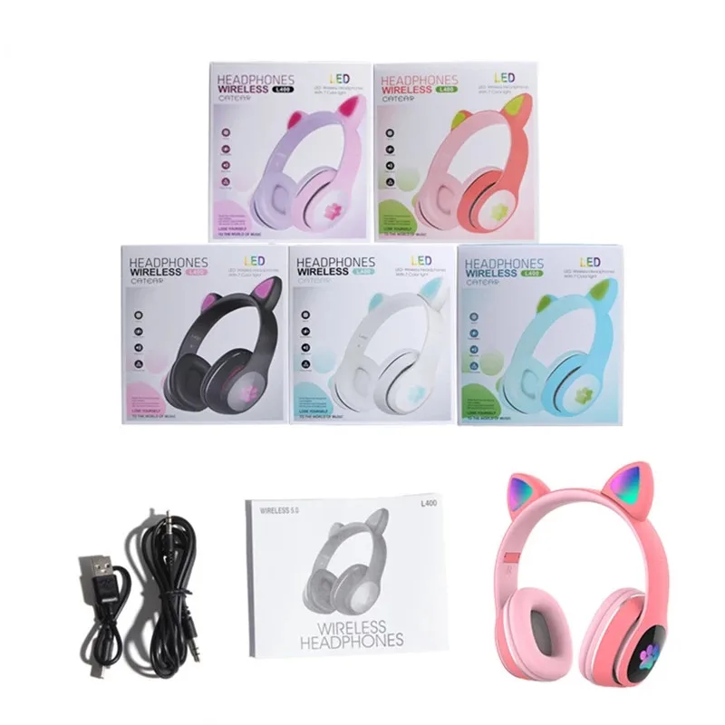 

New LED cute cat ear wireless bluetooth headset with mic music headset supports TF card 3.5mm Plug the best gift for children