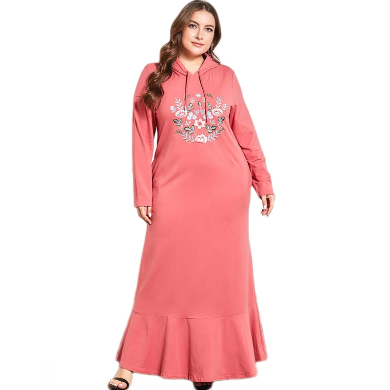 

Dubai Muslim Women Long Dress Embroidery Abayas Arab Jilbab Casual Hooded Maxi Robe Gown Long Sleeve Autumn Winter Gown Ruffle