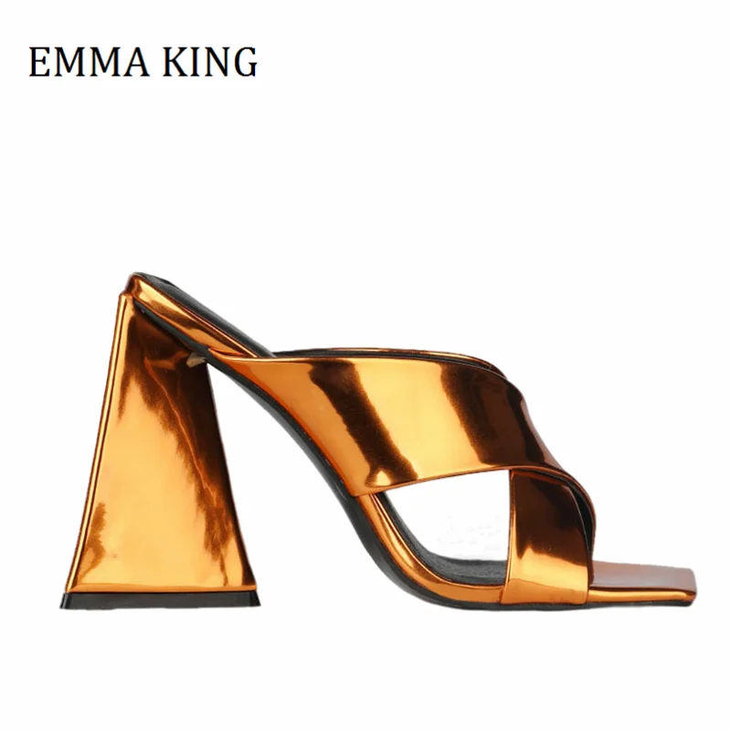 

2021 Summer Women Sexy Strange Heel Slippers Metal Leather Open Toe Women's Slides Ladies Nightclub Party Sandals Mules Pumps