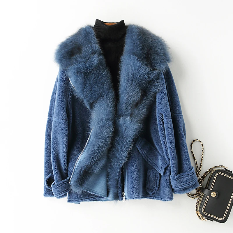 Real Fur Coat Fox Fur Collar Wool Jacket Autumn Winter Coat Women Clothes Korean Vintage Sheep Shearling Women Tops ZT3495