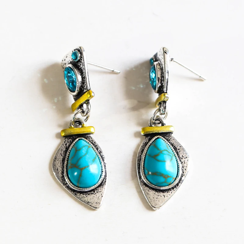 

Retro Metal Dual Color Water Drop Turquoises Gem Stone Dangle Earrings Geometry Shiny Crystal Vintage Earrings 2019 New Z3D264