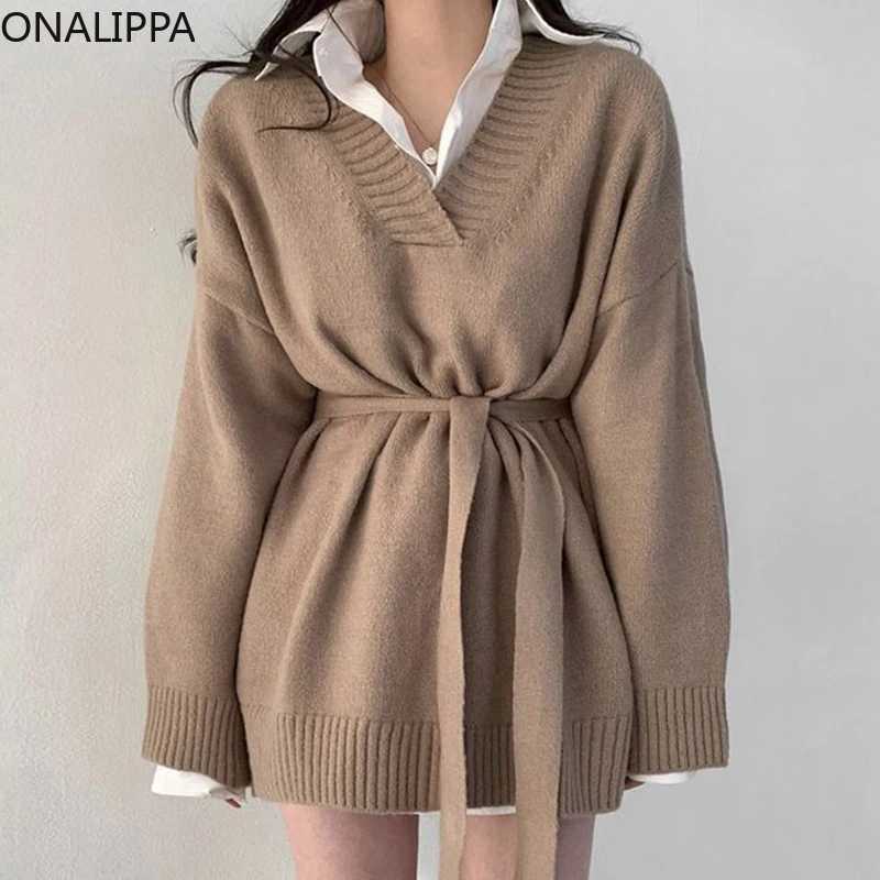 

ONALIPPA Women 2 Piece Sets Korean Autumn Winter Simple All Match Polo Collor Blouse Lace Up Waist Pullover Knit Sweater Female