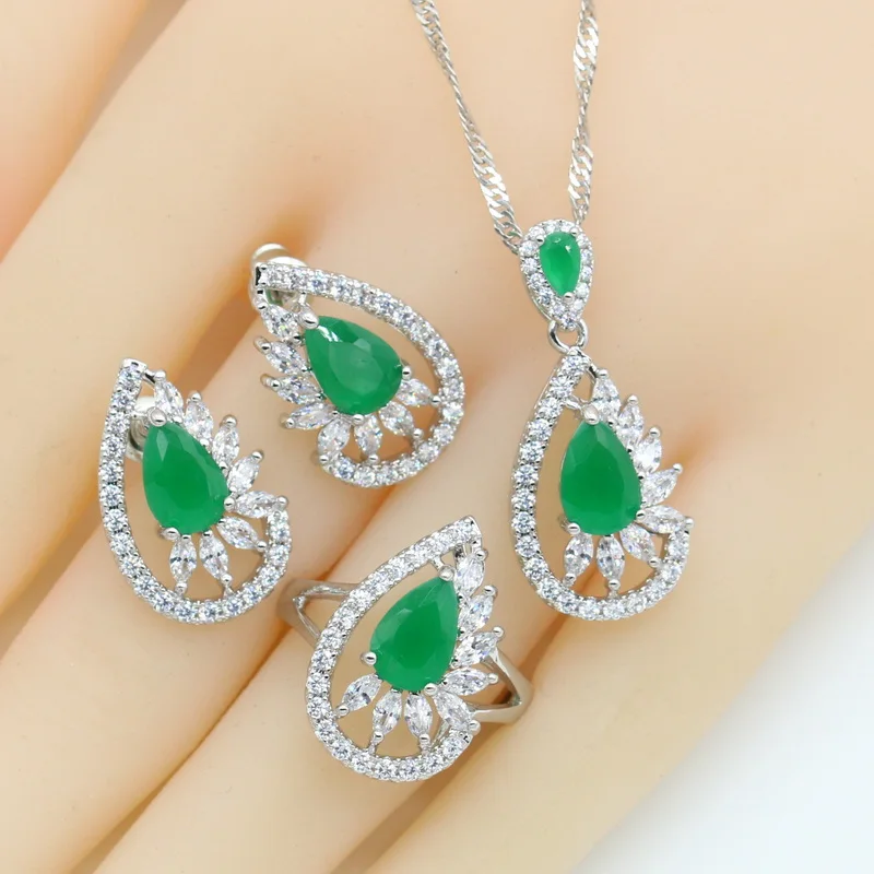 

Water Drop Green Stones 925 Silver Jewelry Sets for Women Stud Earrings Necklace Pendant Open Adjustable Ring 2021 New