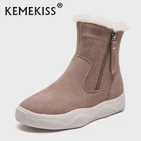 kemekiss 2021 new real leather snow ankle boots women plush fur warm zipper flats short boots shoes women footwear size 35 40