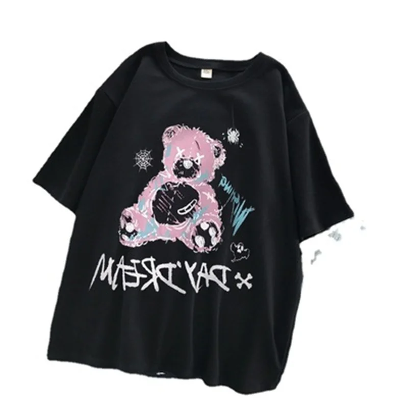 

Summer New Women's 2021 Bear Short Sleeve Street Clothing Anime Cartoon Pattern Top Girl Gothic Kawaii O-Neck T-Shirt Clothing