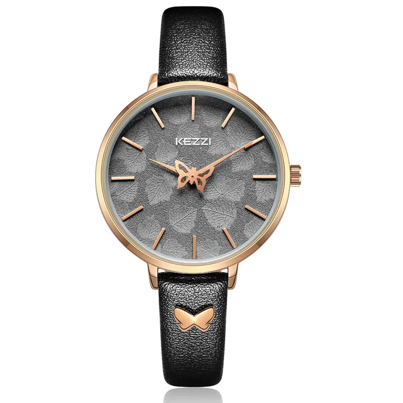 black watch KEZZI женские кварцевые часы модные повседневные Водонепроницаемые кожаные Наручные часы Простой Большой циферблат принт бабочка часы - Цвет: black watch