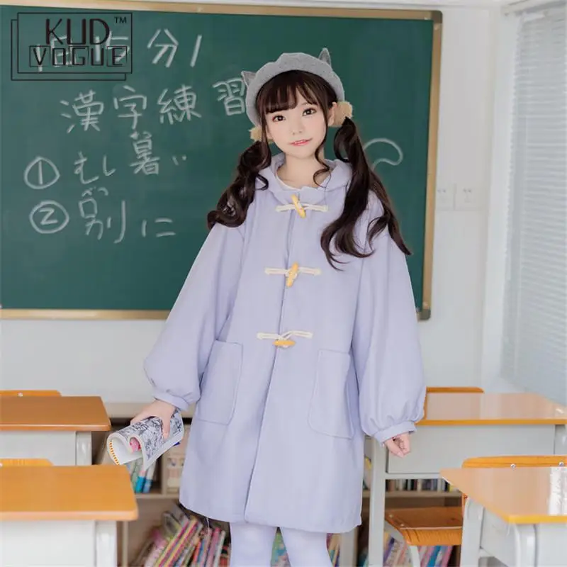 Japenese Style Students Winter Soft Cute Little Devil Lantern Sleeves Horn Buckle Loose Coat Girls Woolen Purple Brown Coat