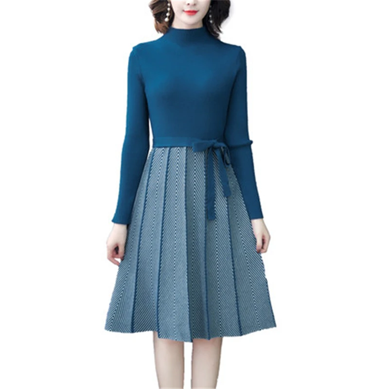 

New Spring Autumn Women's Knitted Dresses OL Patchwork Turtleneck Trendy Lady Bottoming Sweaters Belt Slim Female Long Dress