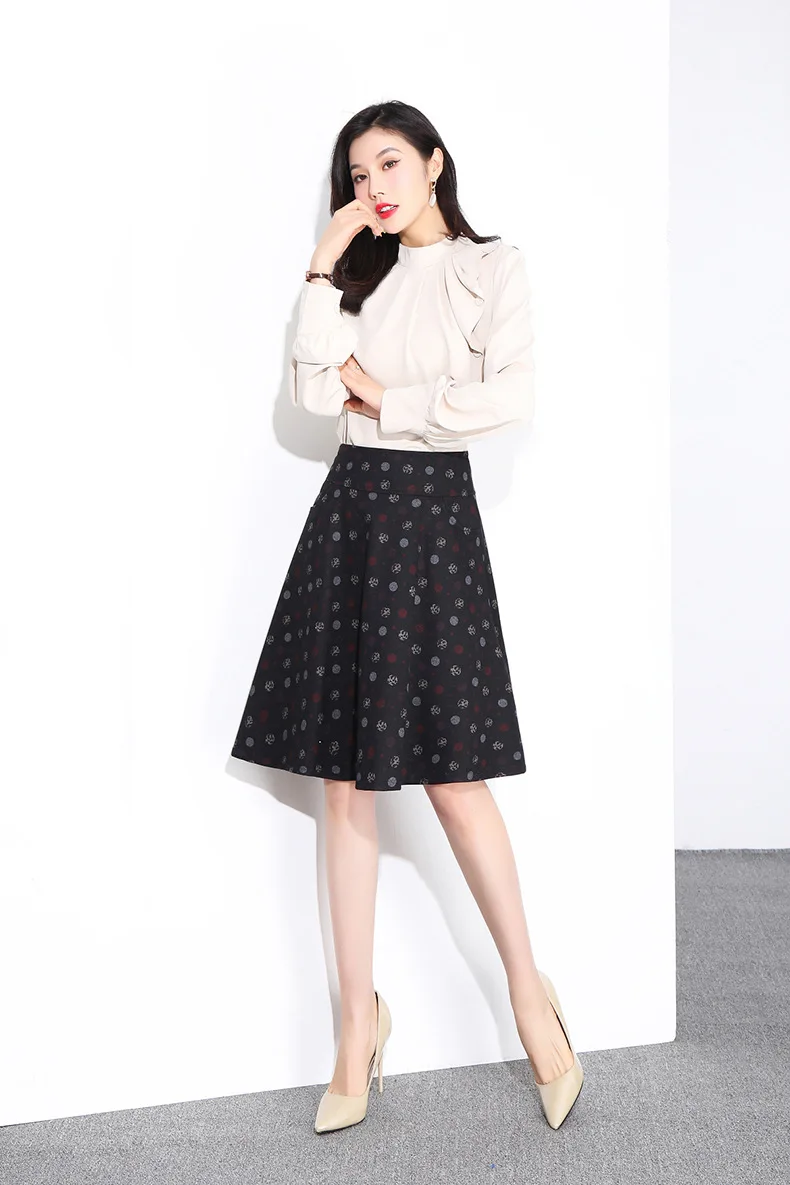 

Women High Waist Loose Big Hem Dot A-line Knee-Length Skirt Office Lady Elegant Chic Plus Size Ball Gown Skirts Autumn Winter