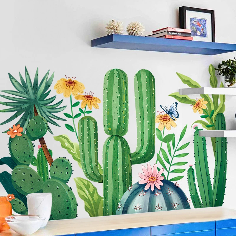 

Small Fresh Cactus Flowers Wall Stickers Kids Childrens Living Room Decoration Home Decor Toys Bedroom Poster Self-Adhesive