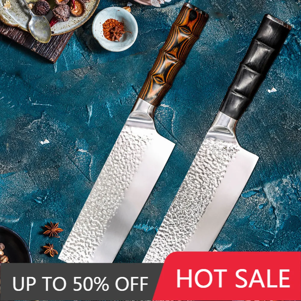 

Японские кухонные ножи Nakiri 5Cr15, кухонные ножи для нарезки мяса с рисунком кованых звезд, кухонные ножи для нарезки мяса с бамбуковой несколь...