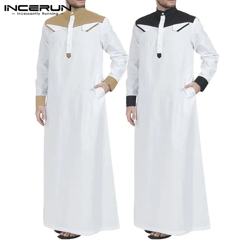 

INCERUN модный мужской кафтан в арабском и мусульманском стиле, свободный лоскутный воротник с длинными рукавами, Саудовская Аравия, Дубай